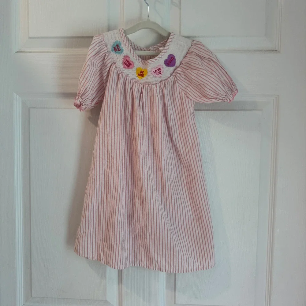 Smocked Dress Girls Size 5 Pink White Striped Embroidered Hearts Valentine